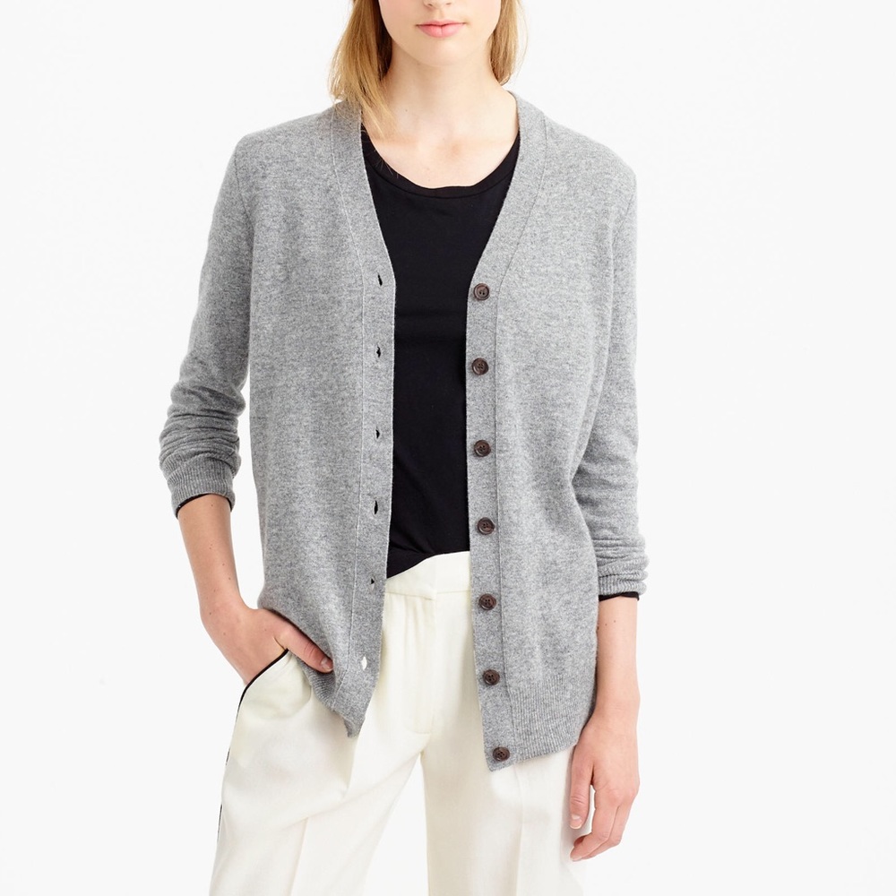J crew wool cashmere classic v neck grey cardigan